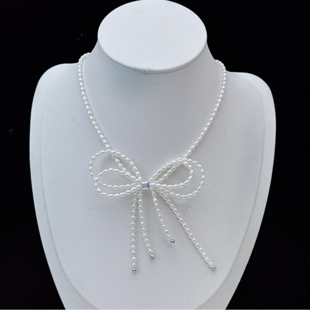 X359 S925 High Quality Freshwater Pearl Bow Necklace - Picture 5 of 8